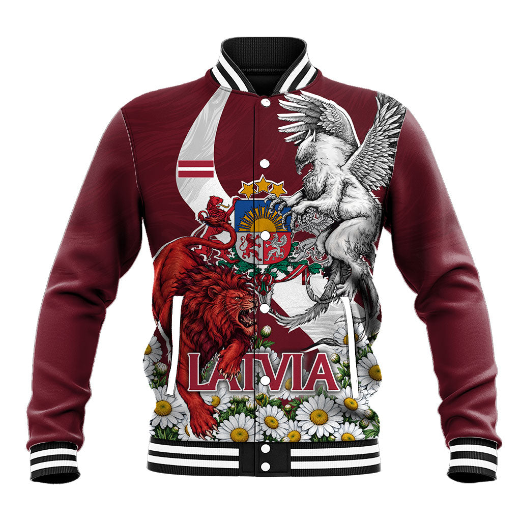 Personalized Latvia Coat Of Arms Baseball Jacket Patriotic Flag Lion Griffin Daisy Floral