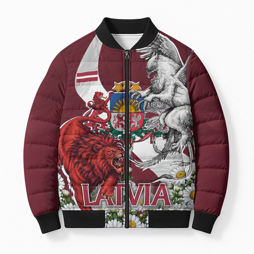 Personalized Latvia Coat Of Arms Bomber Puffer Jacket Patriotic Flag Lion Griffin Daisy Floral