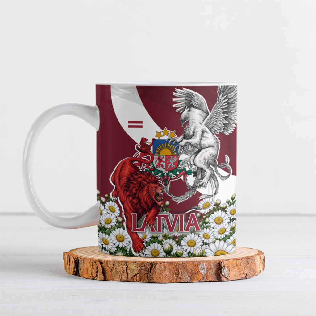 Personalized Latvia Coat Of Arms Ceramic Mug Patriotic Flag Lion Griffin Daisy Floral