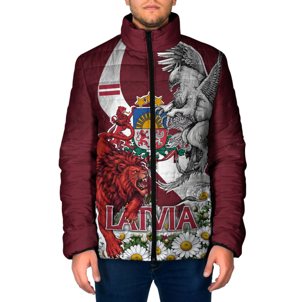 Personalized Latvia Coat Of Arms Padded Jacket Patriotic Flag Lion Griffin Daisy Floral