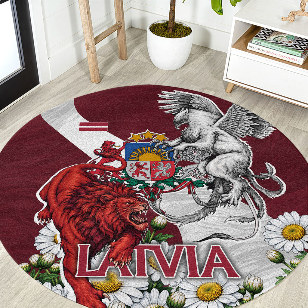 Latvia Coat Of Arms Round Carpet Patriotic Flag Lion Griffin Daisy Floral