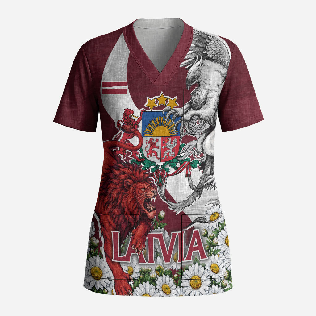 Personalized Latvia Coat Of Arms Scrub Top Patriotic Flag Lion Griffin Daisy Floral