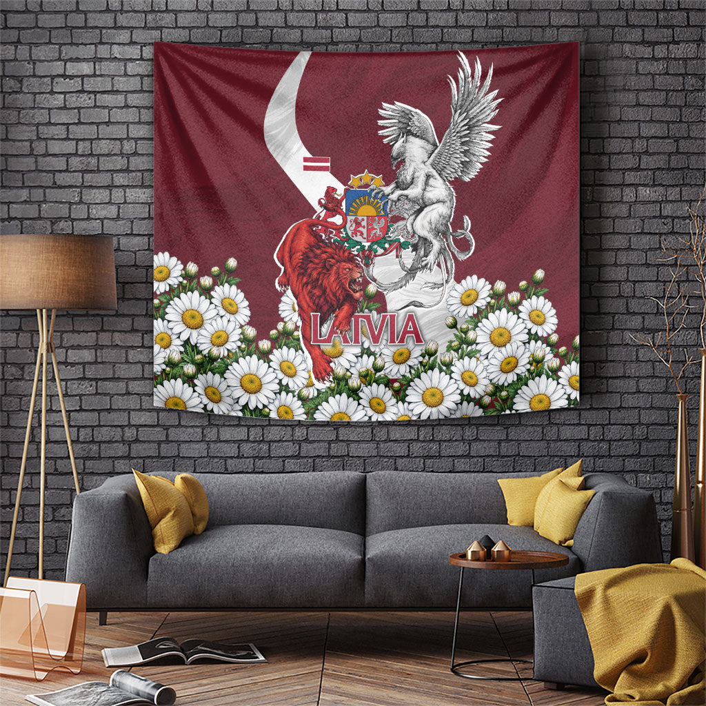 Latvia Coat Of Arms Tapestry Patriotic Flag Lion Griffin Daisy Floral