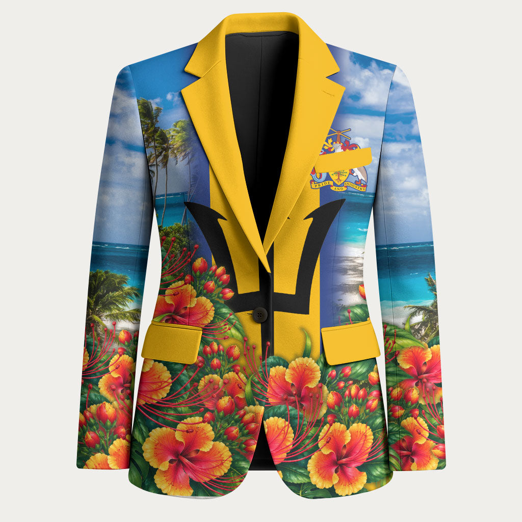 Barbados Trident Coat Of Arms Blazer Caribbean Pride Tropical Beach Floral Map