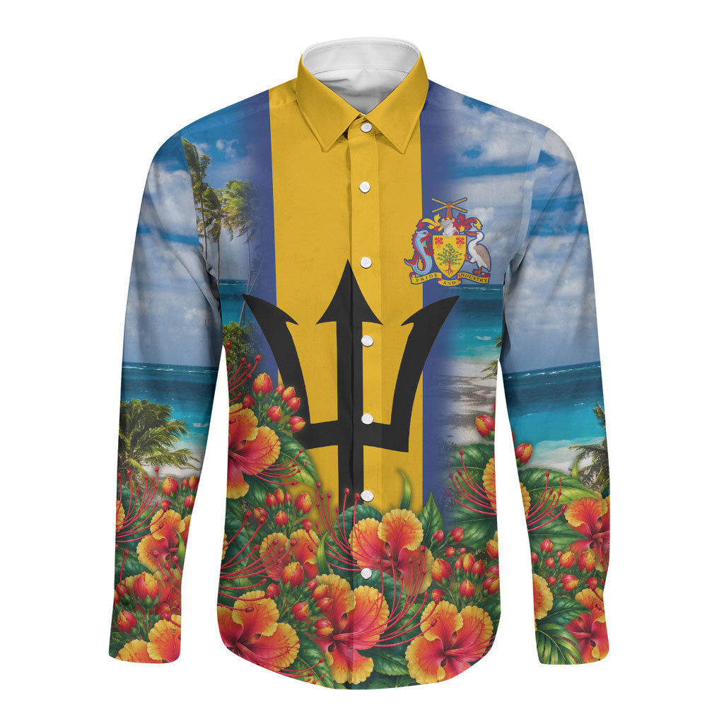 Barbados Trident Coat Of Arms Long Sleeve Button Shirt Caribbean Pride Tropical Beach Floral Map