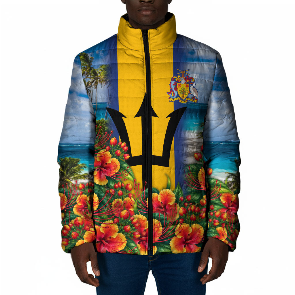 Barbados Trident Coat Of Arms Padded Jacket Caribbean Pride Tropical Beach Floral Map