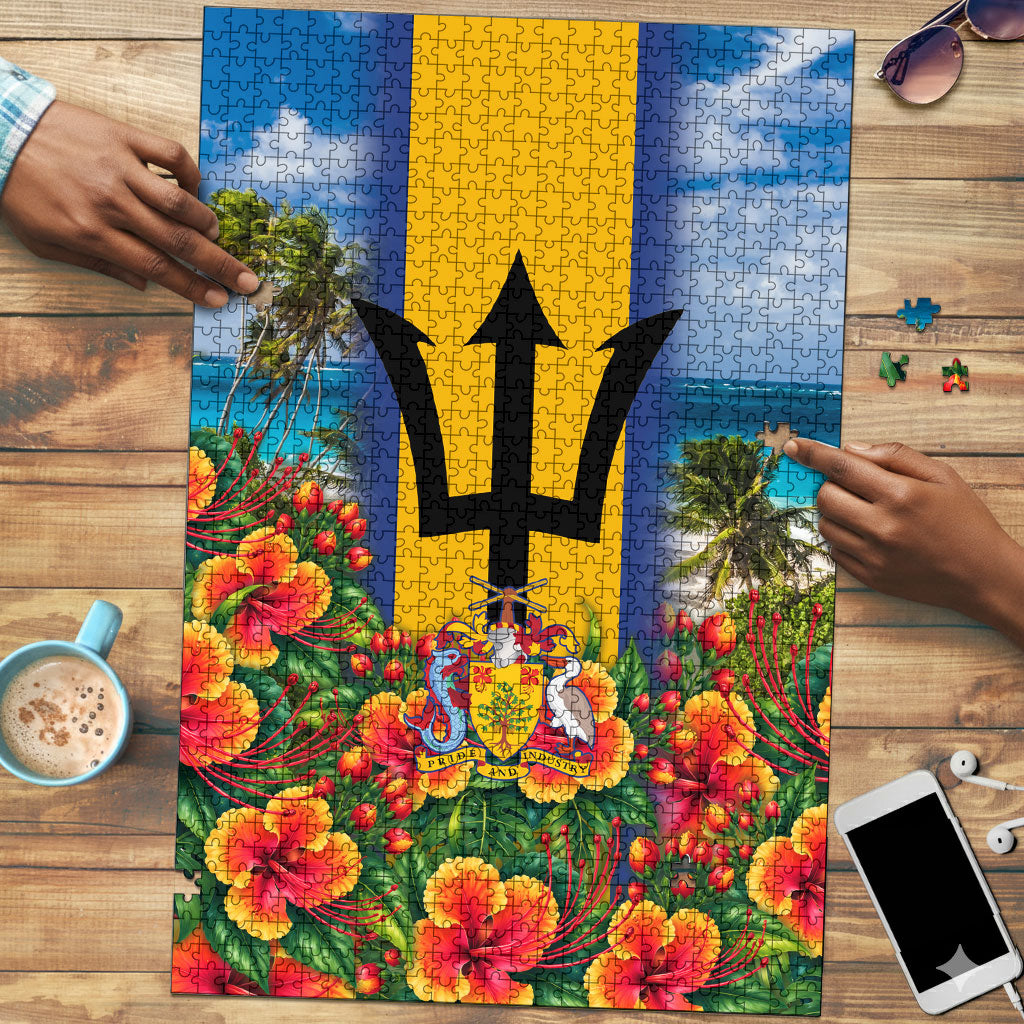 Barbados Trident Coat Of Arms Puzzle Caribbean Pride Tropical Beach Floral Map