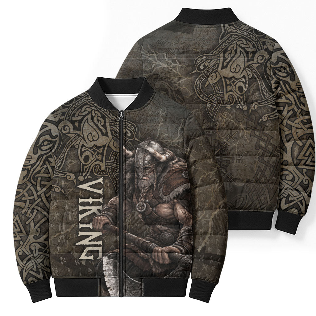 Viking Warrior Valhalla Bomber Puffer Jacket Norse Mythology Celtic Cross Rune Knotwork