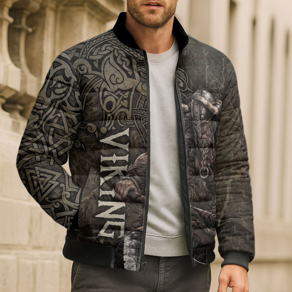 Viking Warrior Valhalla Bomber Puffer Jacket Norse Mythology Celtic Cross Rune Knotwork