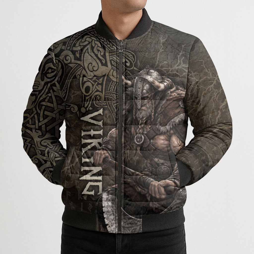 Viking Warrior Valhalla Bomber Puffer Jacket Norse Mythology Celtic Cross Rune Knotwork