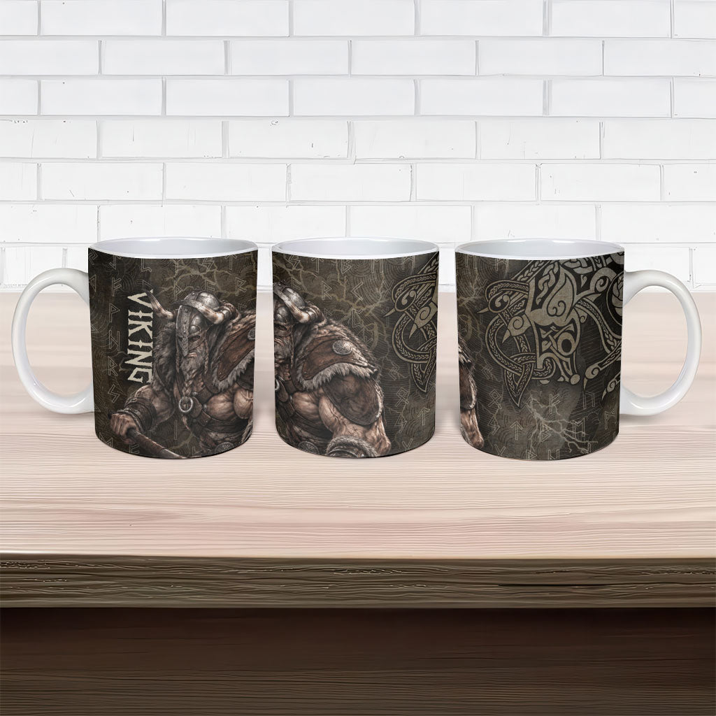 Viking Warrior Valhalla Ceramic Mug Norse Mythology Celtic Cross Rune Knotwork