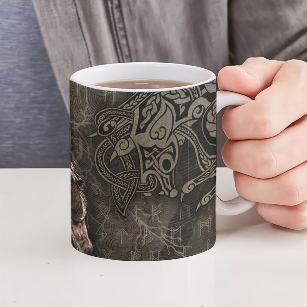 Viking Warrior Valhalla Ceramic Mug Norse Mythology Celtic Cross Rune Knotwork