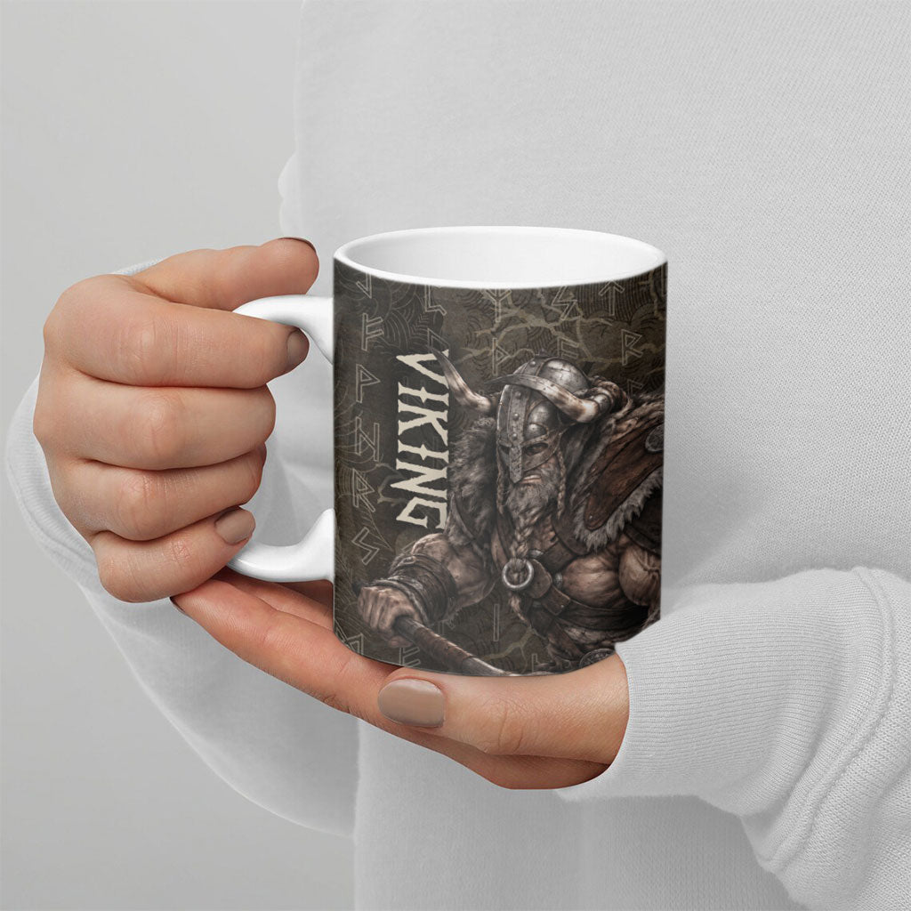 Viking Warrior Valhalla Ceramic Mug Norse Mythology Celtic Cross Rune Knotwork