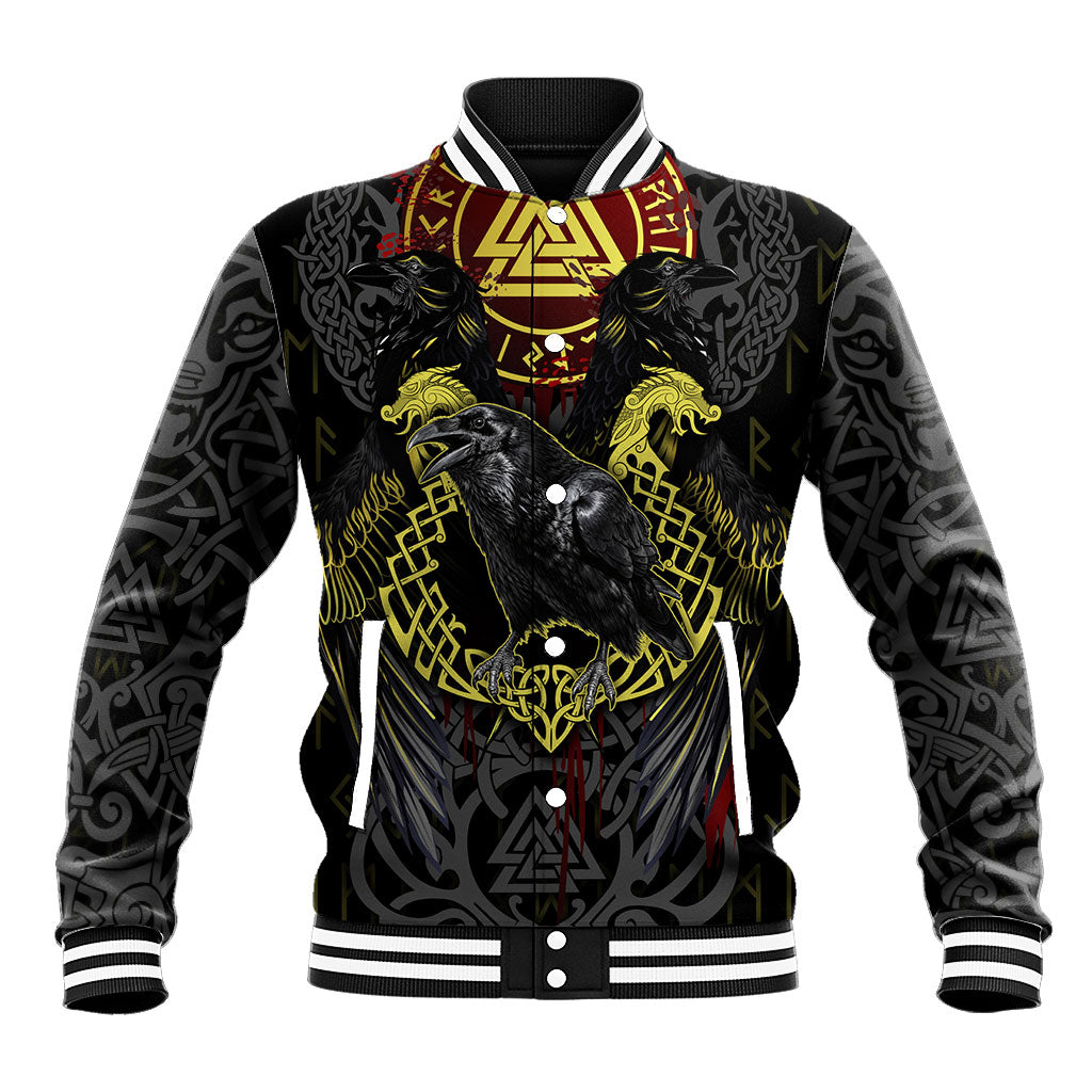 Viking Raven Baseball Jacket Norse Mythology Celtic Knotwork Rune Winged