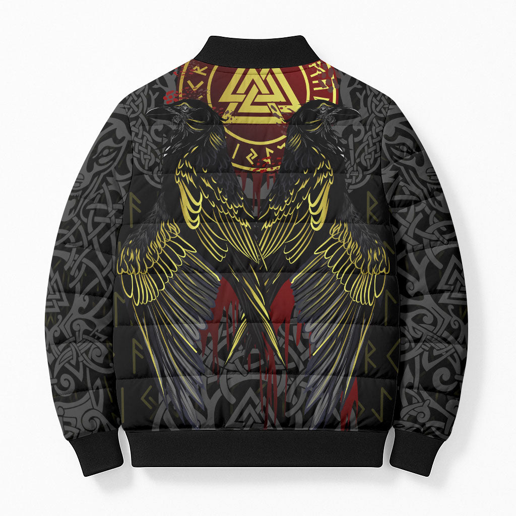 Viking Raven Bomber Puffer Jacket Norse Mythology Celtic Knotwork Rune Winged