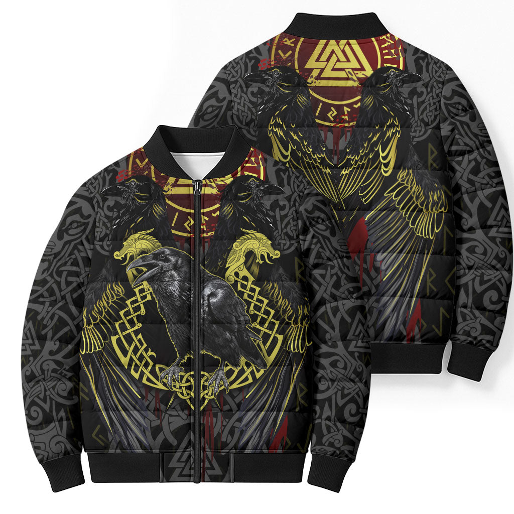 Viking Raven Bomber Puffer Jacket Norse Mythology Celtic Knotwork Rune Winged