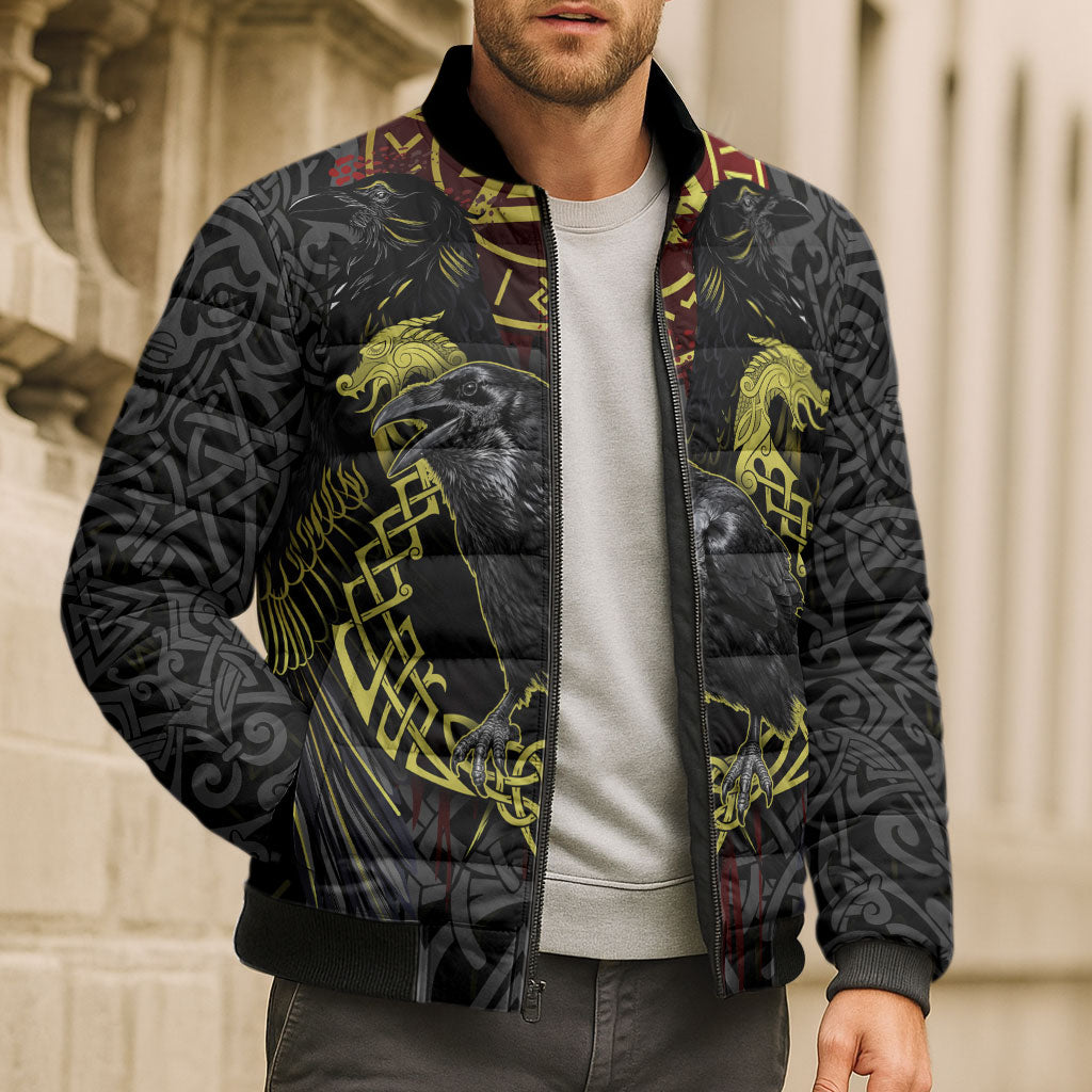 Viking Raven Bomber Puffer Jacket Norse Mythology Celtic Knotwork Rune Winged