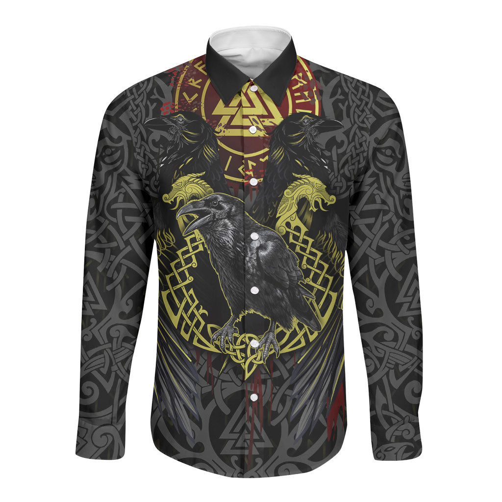 Viking Raven Long Sleeve Button Shirt Norse Mythology Celtic Knotwork Rune Winged