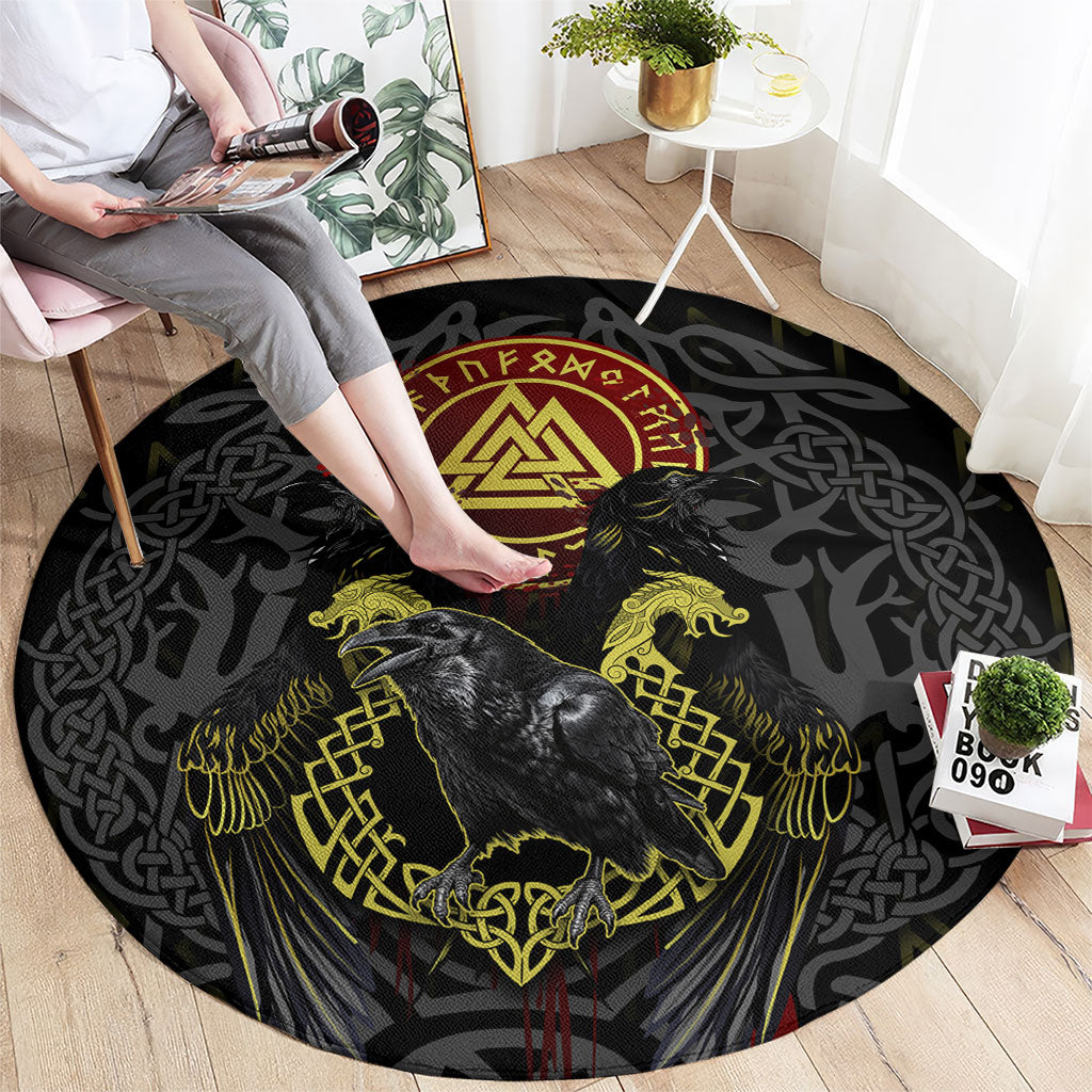 Viking Raven Round Carpet Norse Mythology Celtic Knotwork Rune Winged