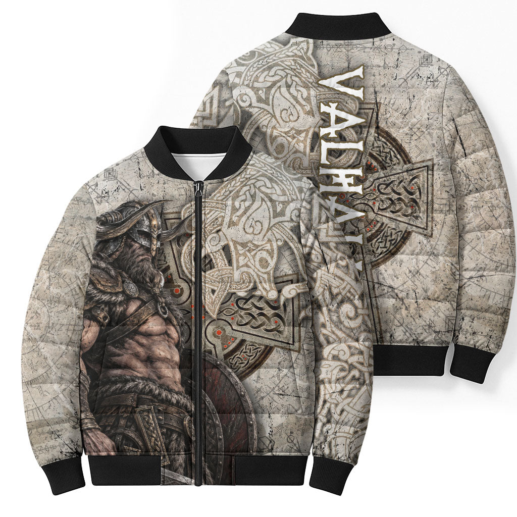 Viking Warrior Axe Bomber Puffer Jacket Norse Mythology Vegvisir Celtic Knotwork