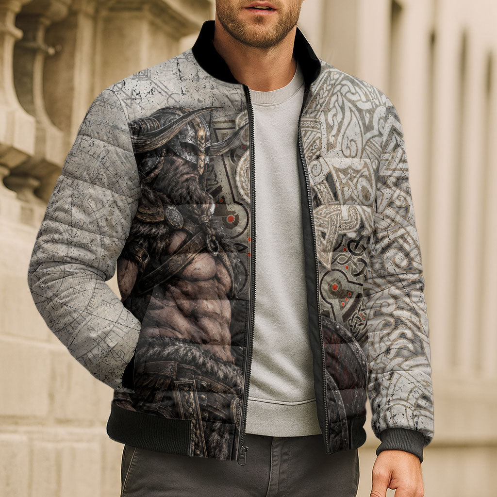 Viking Warrior Axe Bomber Puffer Jacket Norse Mythology Vegvisir Celtic Knotwork
