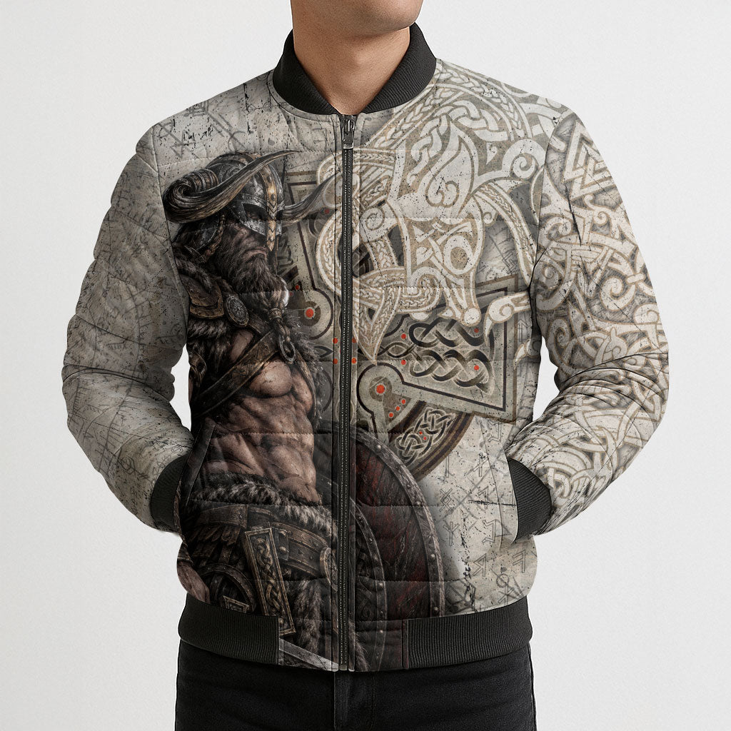 Viking Warrior Axe Bomber Puffer Jacket Norse Mythology Vegvisir Celtic Knotwork