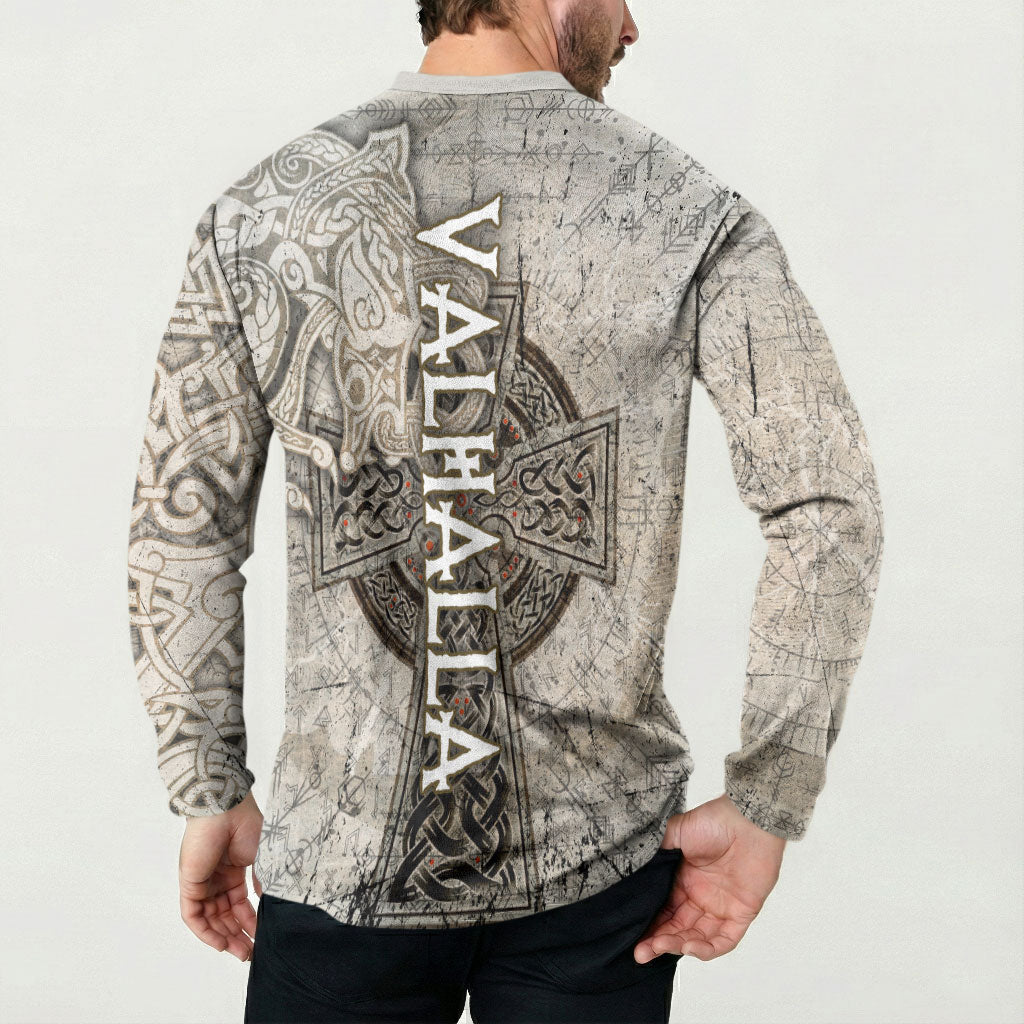Viking Warrior Axe Button Sweatshirt Norse Mythology Vegvisir Celtic Knotwork