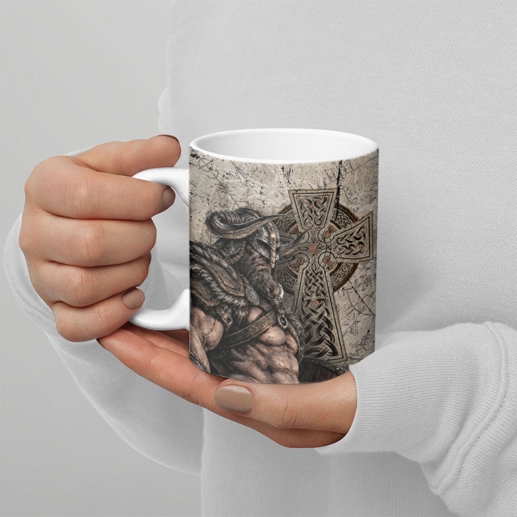 Viking Warrior Axe Ceramic Mug Norse Mythology Vegvisir Celtic Knotwork