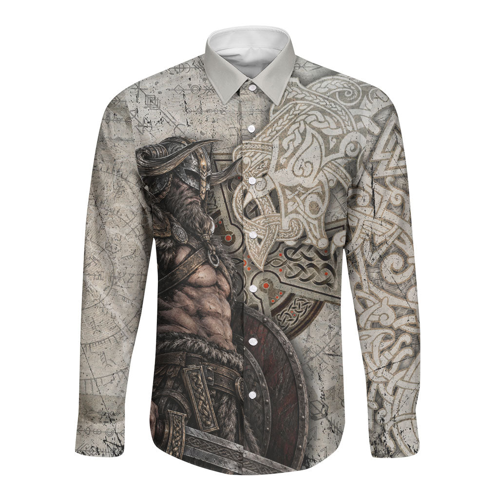Viking Warrior Axe Long Sleeve Button Shirt Norse Mythology Vegvisir Celtic Knotwork