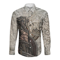 Viking Warrior Axe Long Sleeve Button Shirt Norse Mythology Vegvisir Celtic Knotwork