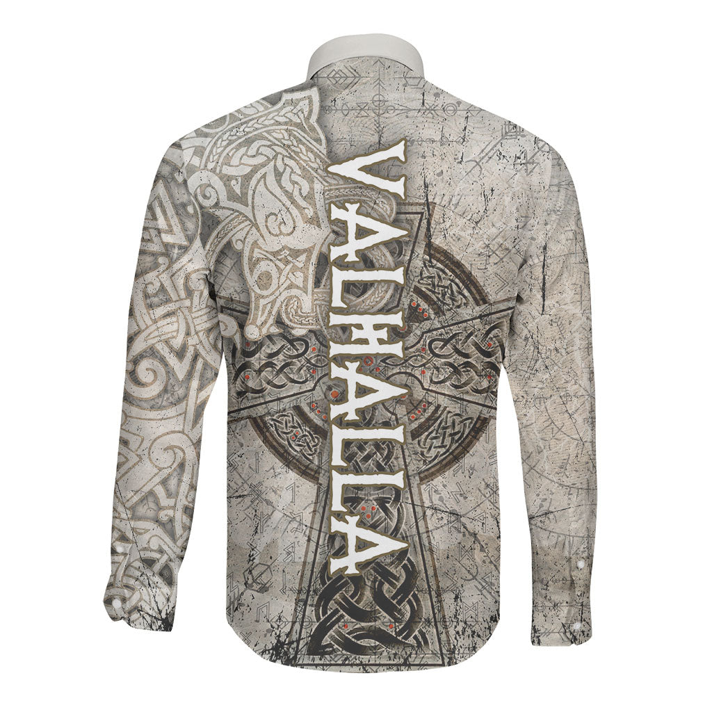 Viking Warrior Axe Long Sleeve Button Shirt Norse Mythology Vegvisir Celtic Knotwork