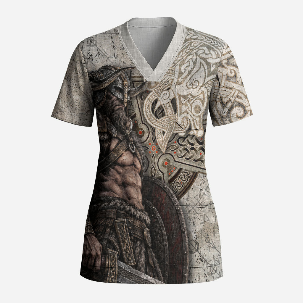 Viking Warrior Axe Scrub Top Norse Mythology Vegvisir Celtic Knotwork