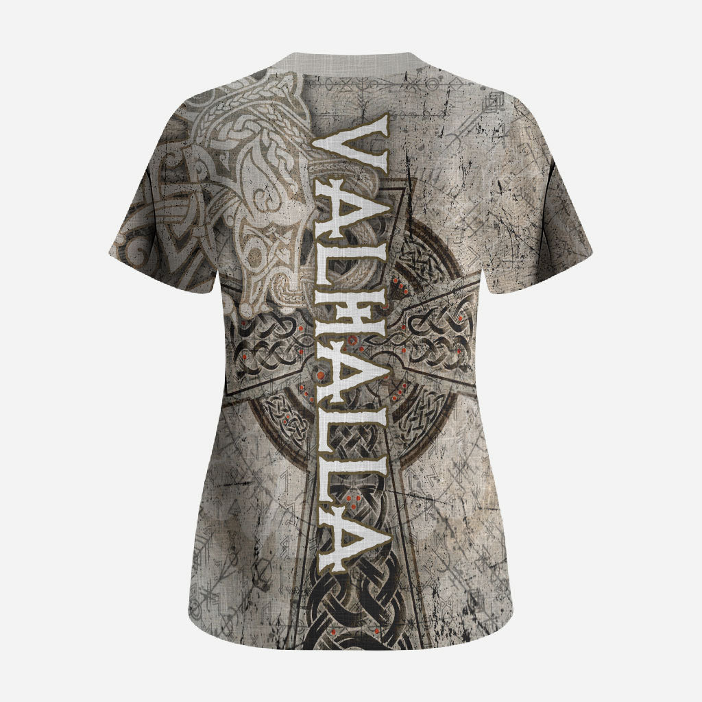 Viking Warrior Axe Scrub Top Norse Mythology Vegvisir Celtic Knotwork