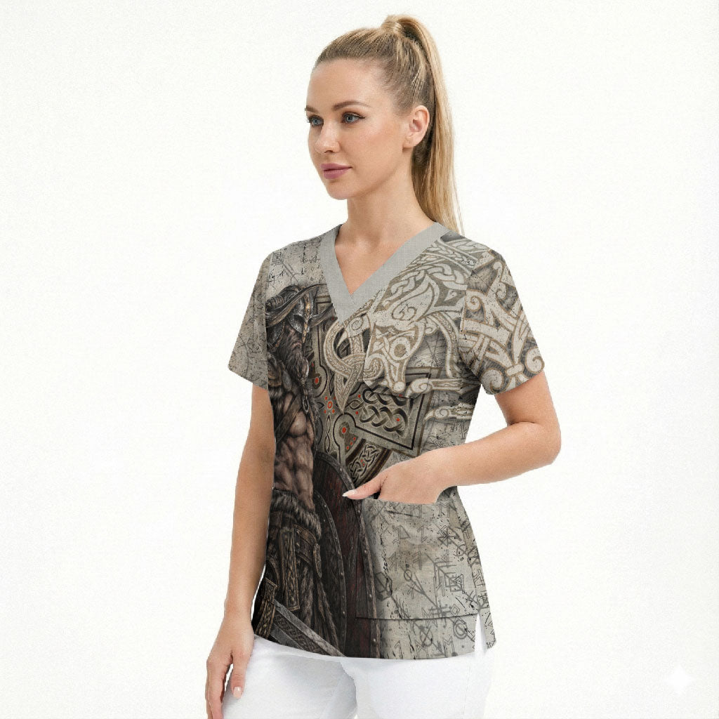 Viking Warrior Axe Scrub Top Norse Mythology Vegvisir Celtic Knotwork