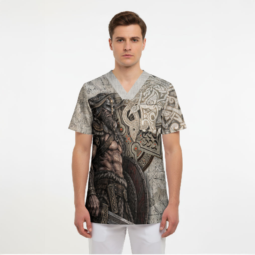 Viking Warrior Axe Scrub Top Norse Mythology Vegvisir Celtic Knotwork