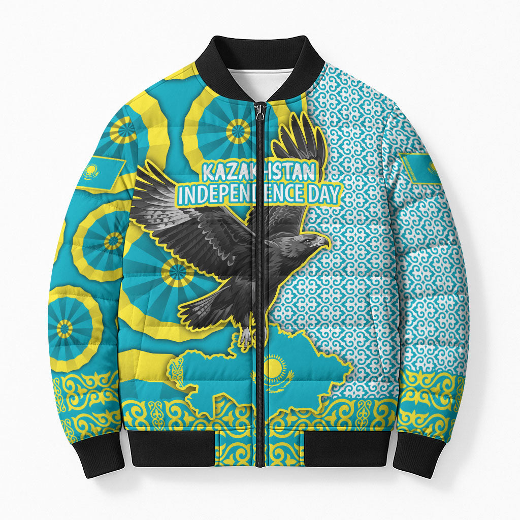 Kazakhstan Independence Day Bomber Puffer Jacket Eagle Leopard Traditional Kazakh Souvenir