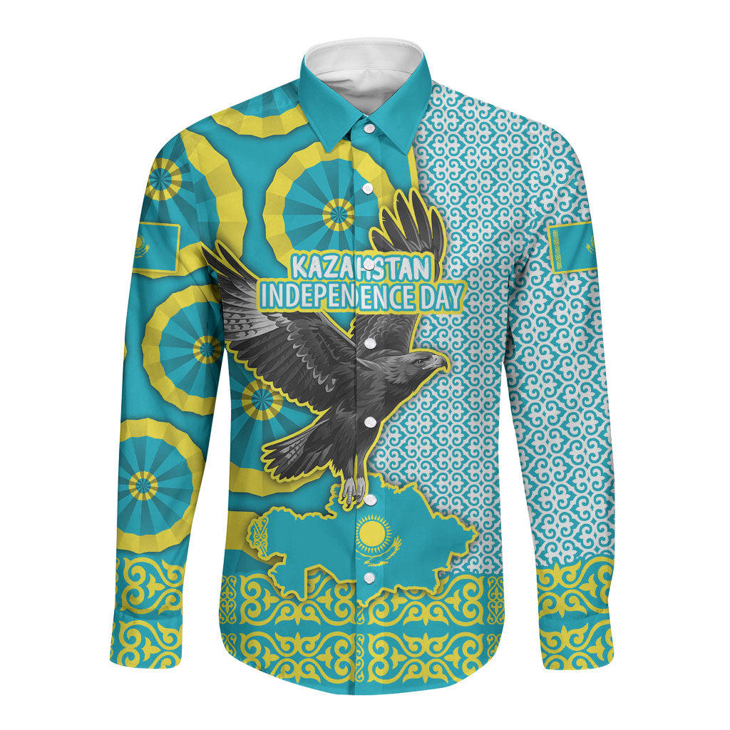 Kazakhstan Independence Day Long Sleeve Button Shirt Eagle Leopard Traditional Kazakh Souvenir