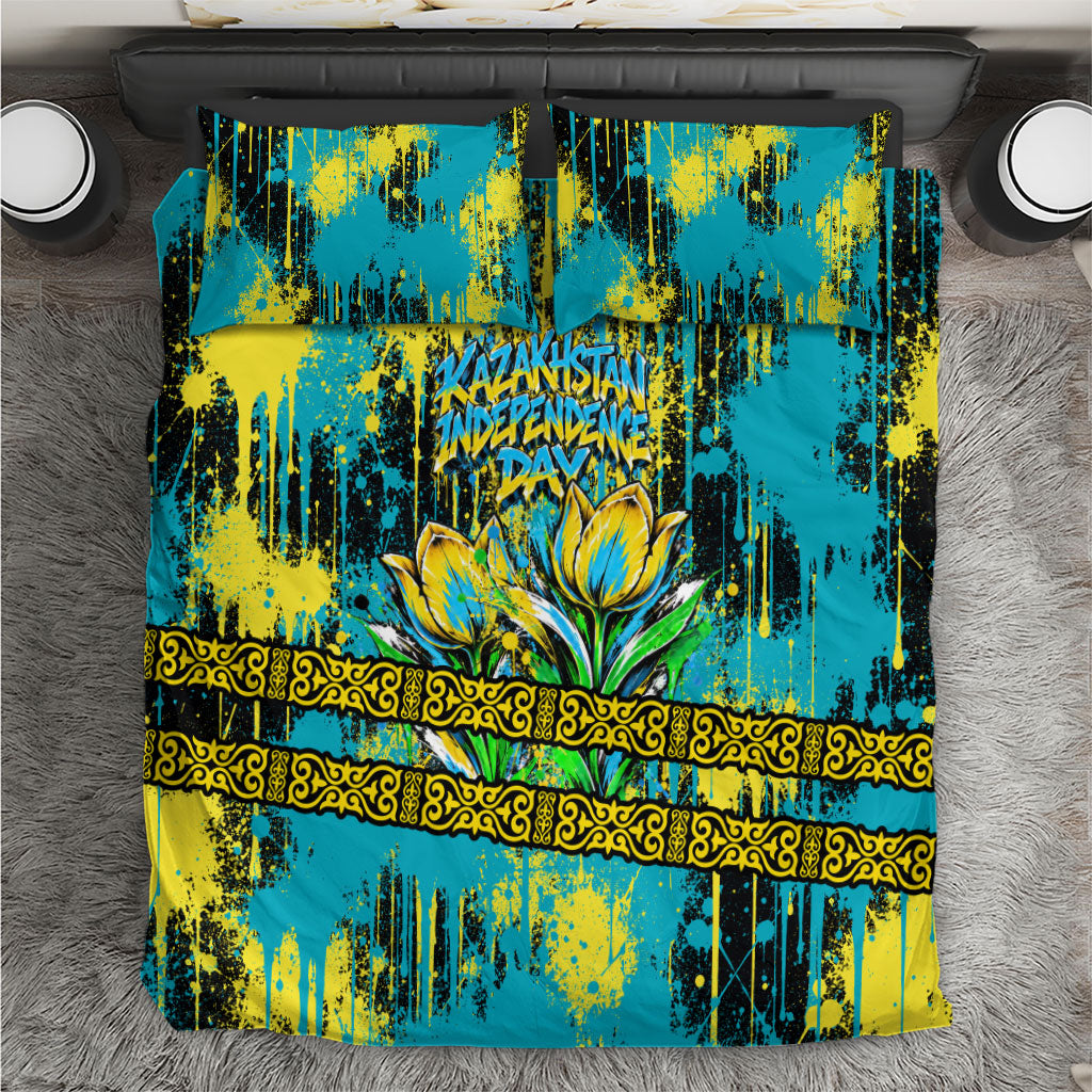 Kazakhstan Independence Day Eagle Tulips Bedding Set Grunge Paint Splatter Graphic Traditional Kazakh