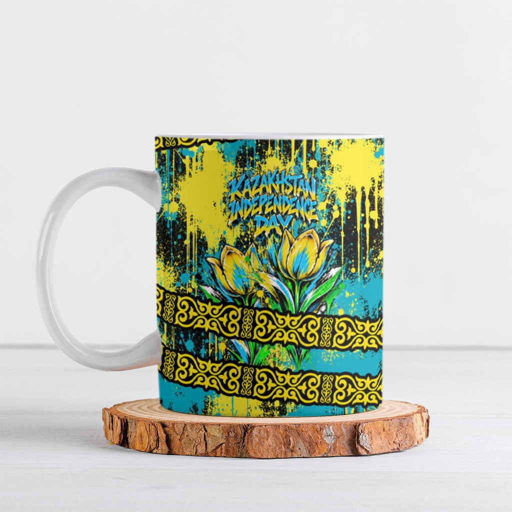 Kazakhstan Independence Day Eagle Tulips Ceramic Mug Grunge Paint Splatter Graphic Traditional Kazakh