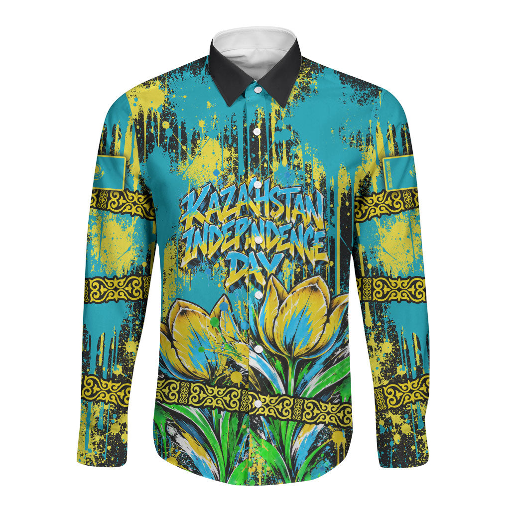 Kazakhstan Independence Day Eagle Tulips Long Sleeve Button Shirt Grunge Paint Splatter Graphic Traditional Kazakh