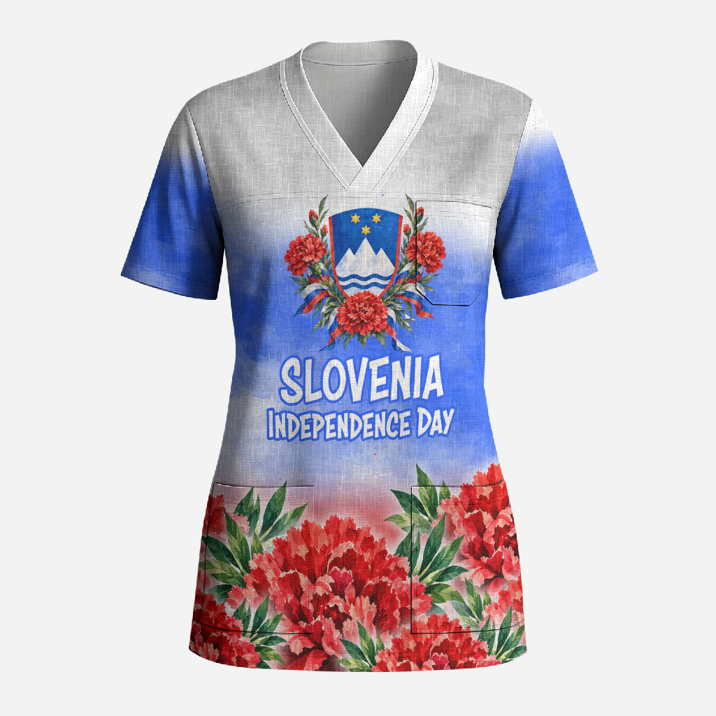 Slovenia Independence Day Scrub Top White Lipizzan Horse Red Carnation Emblem Patriotic
