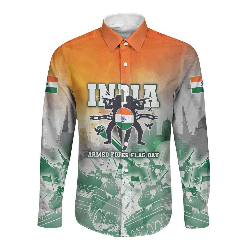 India Armed Forces Flag Day Long Sleeve Button Shirt Military Indian Flag Silhouette - Honoring Our Defenders