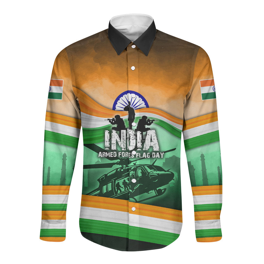 India Armed Forces Flag Day Long Sleeve Button Shirt Patriotic Indian Military - Supporting Our Heroes