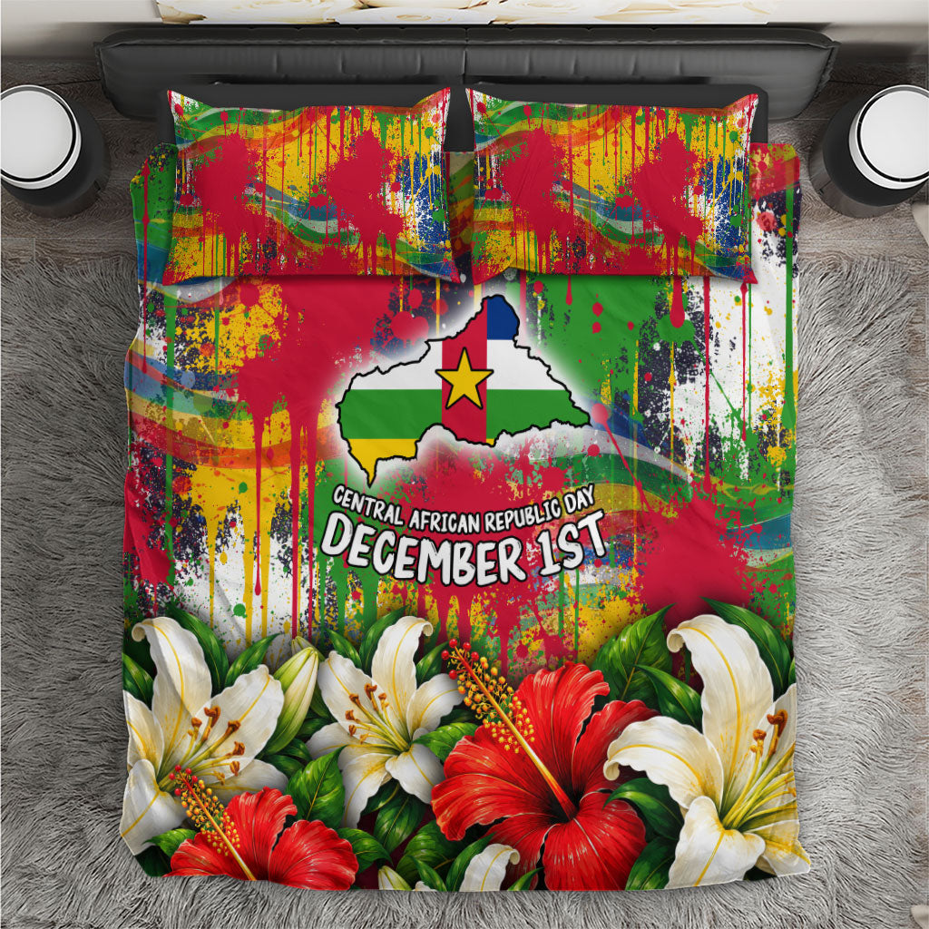 Central African Republic Day Bedding Set Elephant Colorful Paint Splatter Map Tropical Flowers