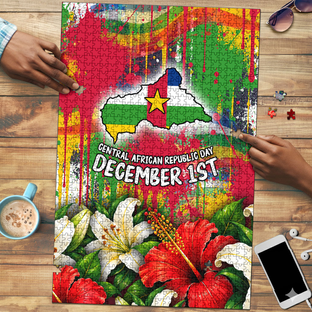 Central African Republic Day Puzzle Elephant Colorful Paint Splatter Map Tropical Flowers