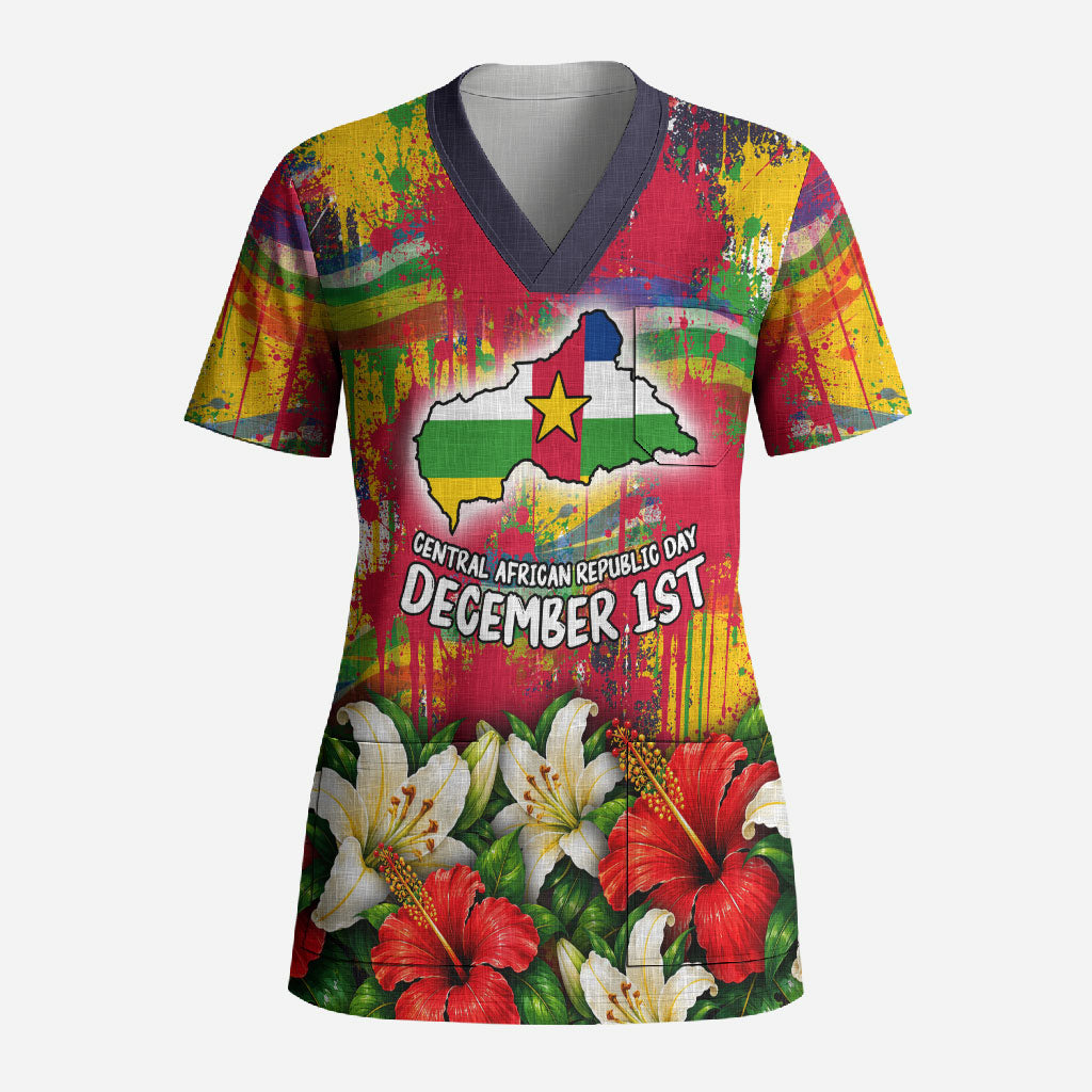 Central African Republic Day Scrub Top Elephant Colorful Paint Splatter Map Tropical Flowers