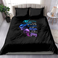 Black duvet and two pillowcases with blue/purple skull quote graphic