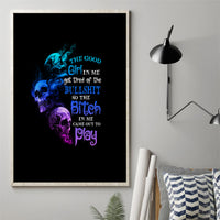 Framed canvas wall art with neon skull and lettering on black background