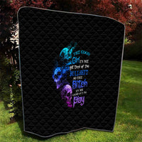 Black quilt with multicolor skull and text graphic, rounded edges, diamond quilting