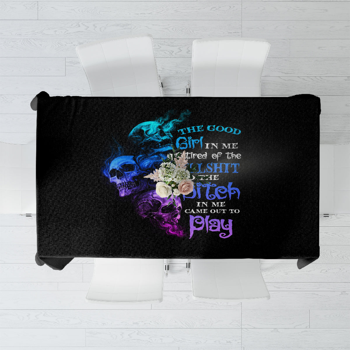 Black tablecloth with neon blue, purple, and pink printed design
